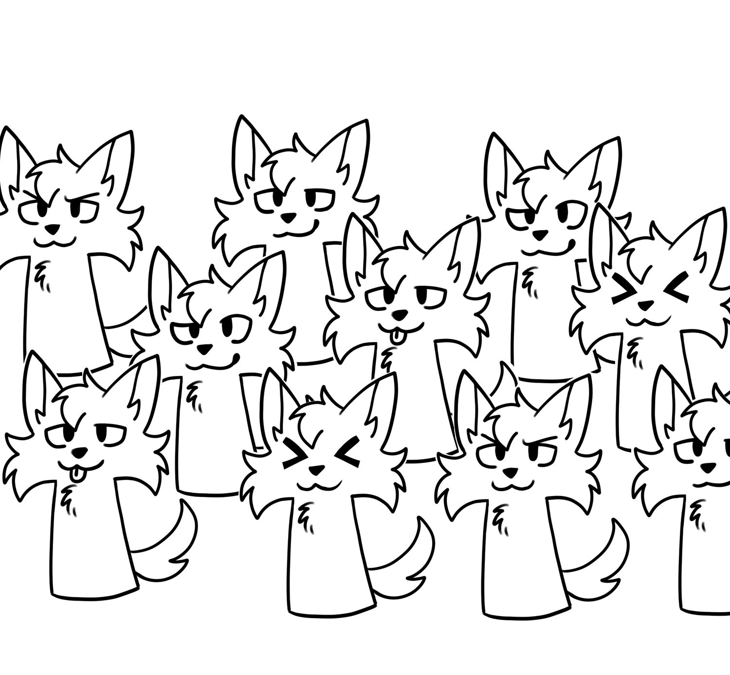 Illustration of a group of stylized fox-like creatures with various expressions on a white background.